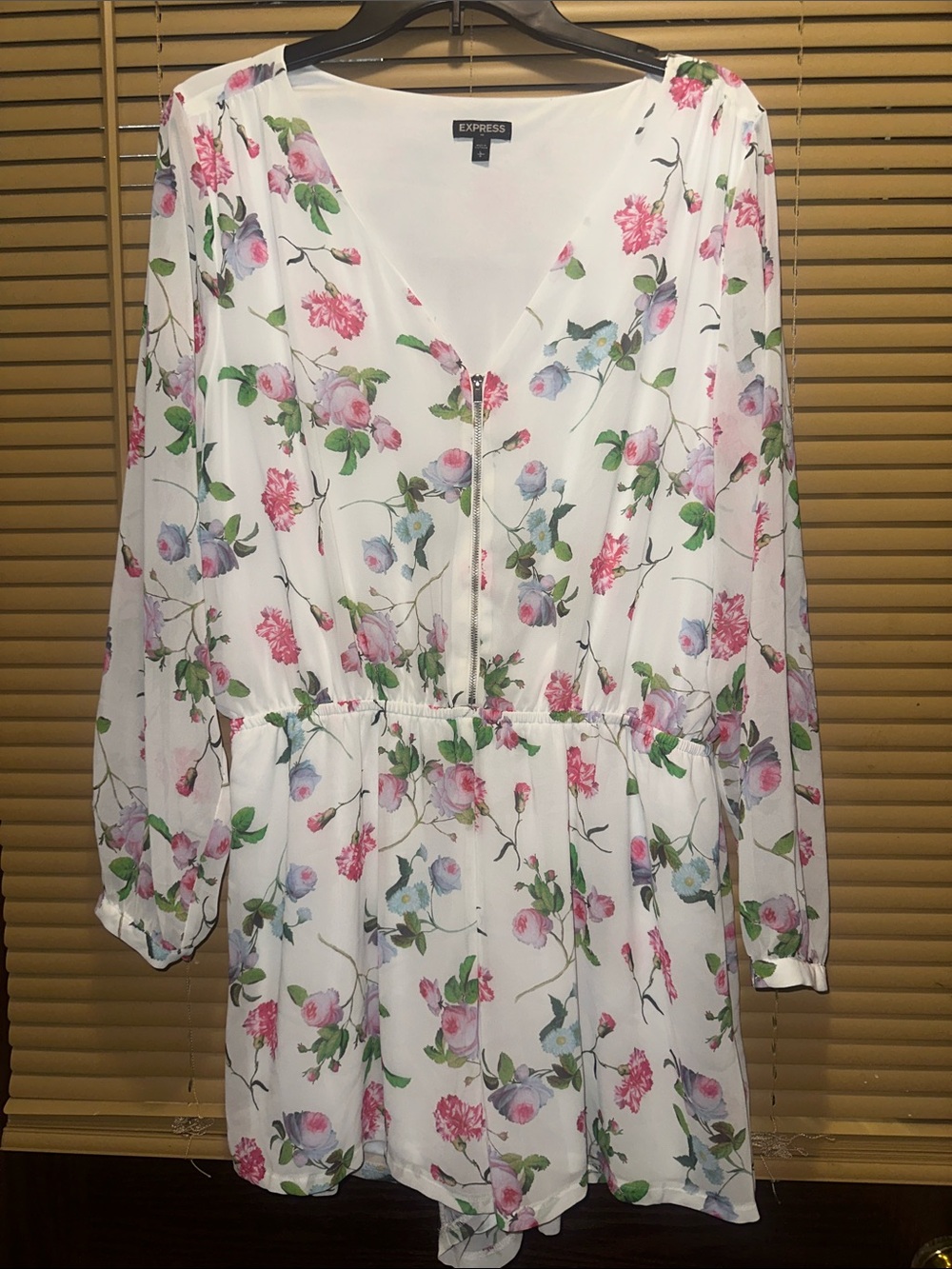 Express White Floral Long Sleeve Romper with Pink & Light Blue Blooms